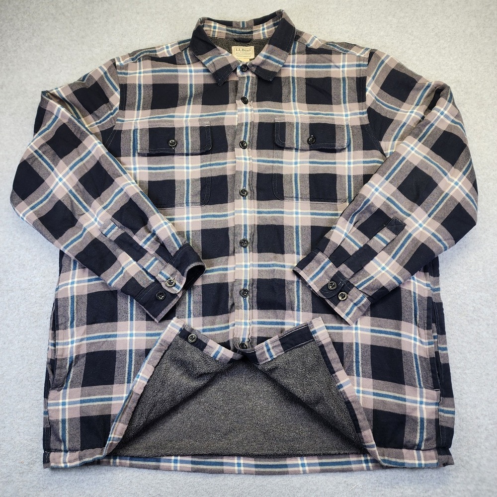LL Bean Fleece Lined Flannel Shirt Traditional Fit Mens XL Plaid Gray‎ Blue